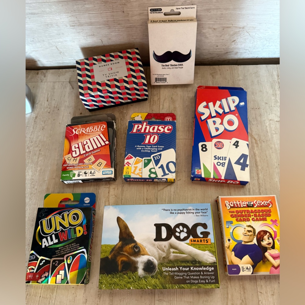 Lot of 8 family card games and trivia games Uno, Skip-Bo, Phase 10, Scrabble Sla